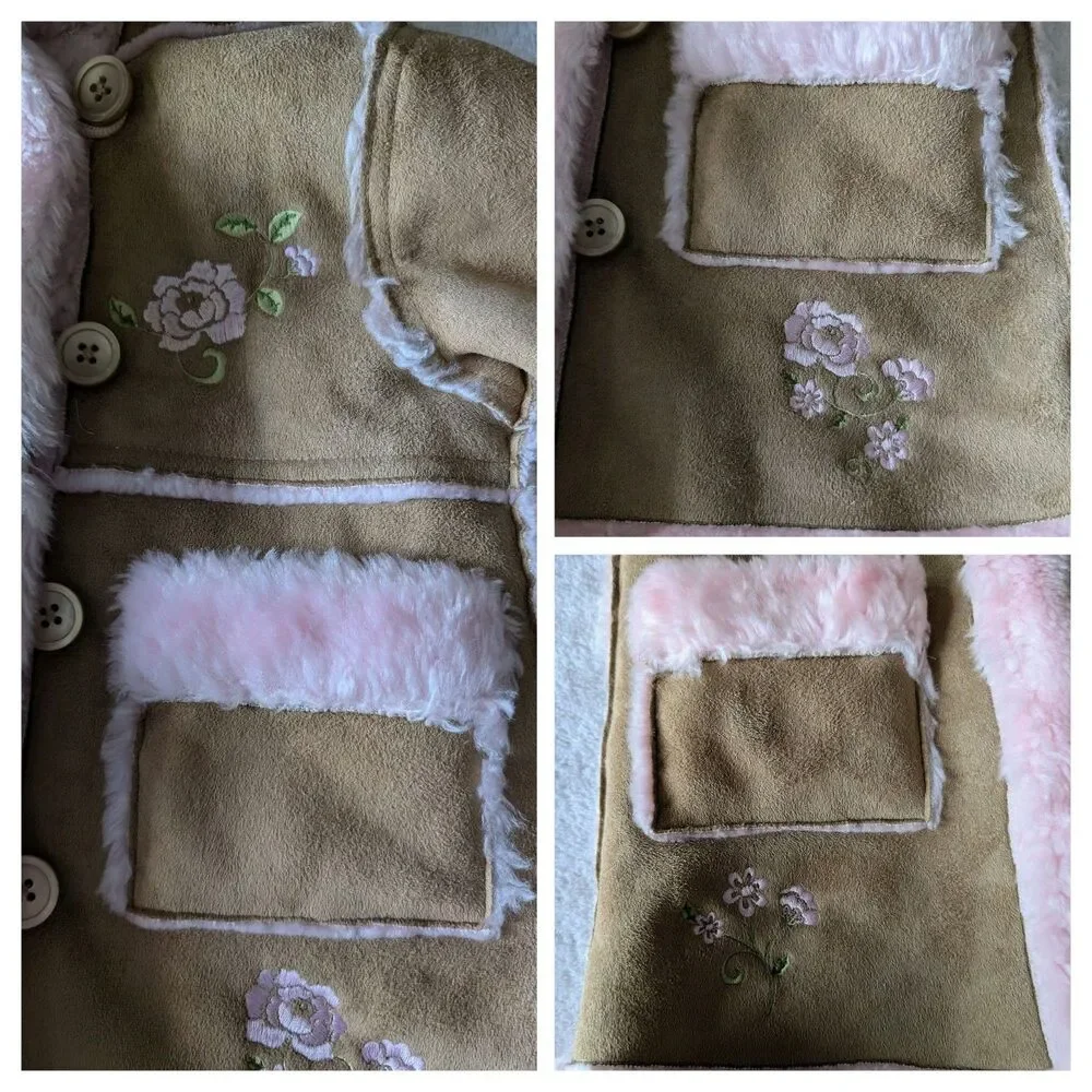 The Children's Place Baby Girl Faux Suede Sherpa Coat Pink Hooded 6-9M